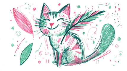 Naklejka premium A hand-drawn doodle of a playful cat with a feather