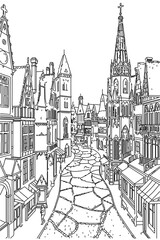 Obraz premium Bruges, Belgium black and white coloring page for adults. European city, cityscape, buildings, street, landmarks, square vector outline doodle sketch for anti stress color book