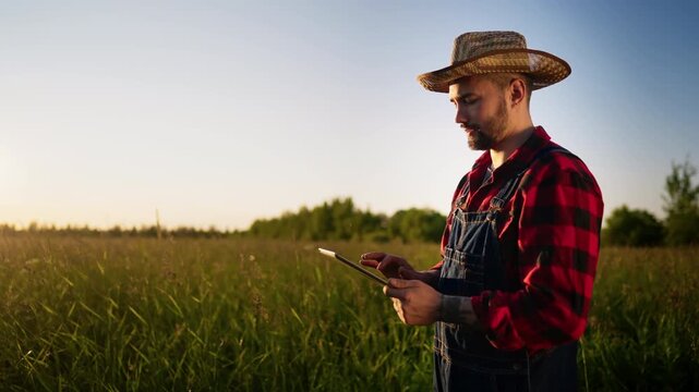 Happy farmer walking in beautiful agricultural fields with tablet in hands. Fascinating nature of countryside in ecological region, agriculture development and decide food problem, environment protect