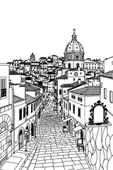 Dubrovnik, Croatia black and white coloring page for adults. European city, cityscape, buildings, street, landmarks, fortress vector outline doodle sketch for anti stress color book