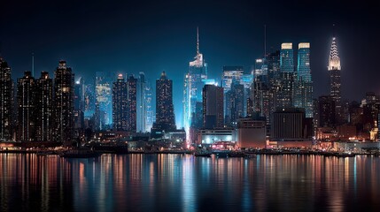 Fototapeta premium Vibrant illuminated skyline of a modern city at night reflecting on calm water showcasing skyscrapers and iconic tall buildings