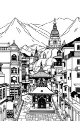 Kathmandu, Nepal black and white coloring page for adults. Asia city, cityscape, buildings, street, landmarks, temple vector outline doodle sketch for anti stress color book