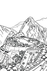 Machu Picchu, Peru black and white coloring page for adults. Ancient city, buildings, citadel, landscape vector outline doodle sketch for anti stress color book
