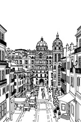Naples, Italy black and white coloring page for adults. European city, cityscape, buildings, street, landmarks, cathedral vector outline doodle sketch for anti stress color book