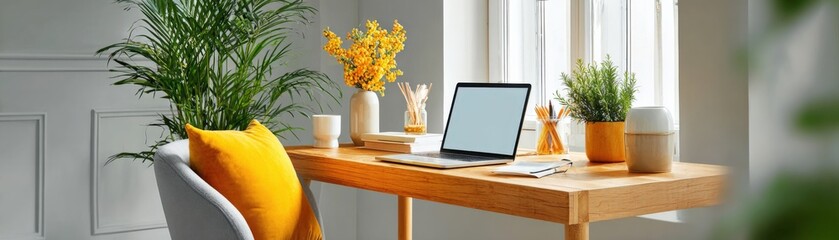 Fototapeta premium Bright modern home office workspace with laptop, decorative plants, yellow pillow, natural light, clean design, cozy environment