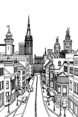 Omaha, Nebraska black and white coloring page for adults. USA city, cityscape, buildings, downtown, landmarks vector outline doodle sketch for anti stress color book