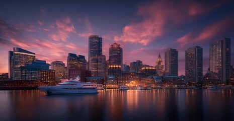 Fototapeta premium Vibrant city skyline at twilight reflecting on the waterfront with modern high-rise buildings and a yacht docked in the harbor