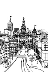 Omaha, Nebraska black and white coloring page for adults. USA city, cityscape, buildings, downtown, landmarks vector outline doodle sketch for anti stress color book