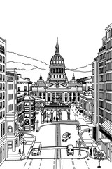 Salt Lake City, Utah black and white coloring page for adults. USA city, cityscape, buildings, downtown, landmarks vector outline doodle sketch for anti stress color book