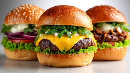 Three delicious gourmet burgers with fresh toppings and melted cheese arranged closely together on a light background
