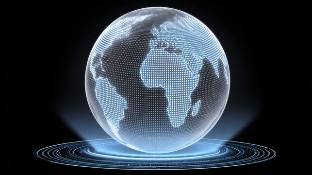 High tech digital globe with illuminated continents and glowing effects representing global connectivity and modern technology