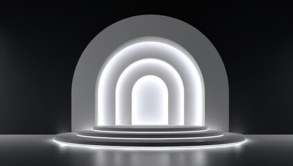 White arched pedestal, lit by glowing light