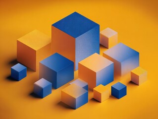 Colorful 3D Cubes of Various Sizes and Colors Arranged on Bright Yellow Background for Creative Design and Abstract Composition
