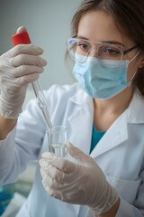 Scientist in lab coat using pipette — laboratory procedure and scientific research concept with precision and modern equipment