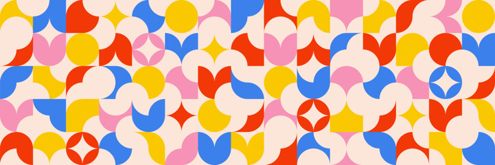 Geometric y2k background. Abstract swiss midcentury retro style art with simple shapes. Modern graphic, decorative square elements for seamless pattern. Red, yellow, blue color. Vector EPS10