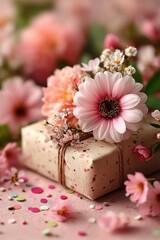 Elegant gift box adorned with a pink flower and scattered colorful confetti