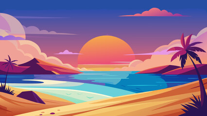 Obraz premium Vector art of the sun sets over a tropical beach, casting a warm glow on the sand and sea, with silhouetted palm trees against a colorful sky