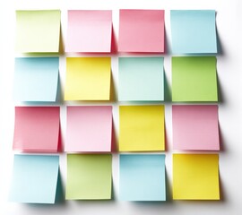 Colorful Sticky Notes Array on White Background for Reminders, Brainstorming, or Organizing Ideas with Bright Pastel Shades of Pink, Blue, Green, and Yellow