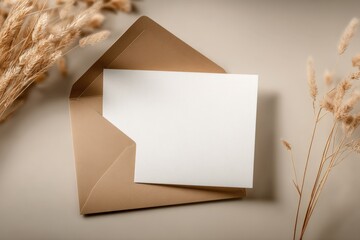 Elegant blank white greeting card inside a brown kraft paper envelope with dried flowers on neutral background for creative correspondence