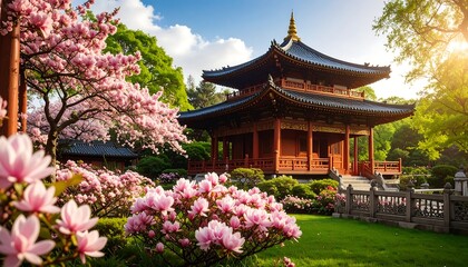 Serene pagoda nestled amidst vibrant pink blossoms and lush greenery under a sunny sky