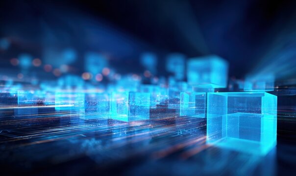 Futuristic digital landscape with glowing blue transparent cubes representing technology innovation and data visualization in a high-tech environment