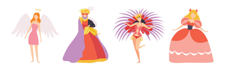 Carnival with People Character Dressed in Masquerade Costume Vector Set