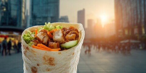 Fresh and Delicious Chicken Tacos with Lettuce Cucumbers and Carrots in a Flour Tortilla on a City Street at Sunset