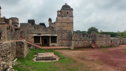 Ruins of Rana Kumbha Palace in Chittorgarh Fort Complex, Rajasthan under Cloudy Sky