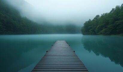 A long wooden dock stretches into the emerald blue lake, enveloped by a dense foggy forest, creating a serene and tranquil escape into nature's peaceful embrace
