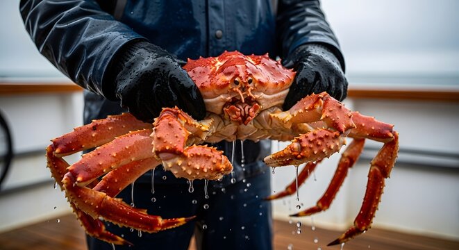 A person in protective gear holds a large, bright red Alaskan crab, possibly a king crab, on the deck of a boat.