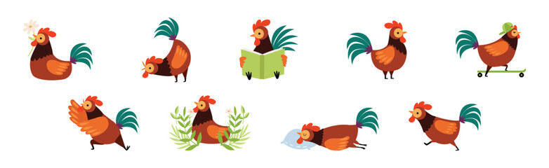 Funny Rooster or Cockerel Character in Different Pose Vector Set