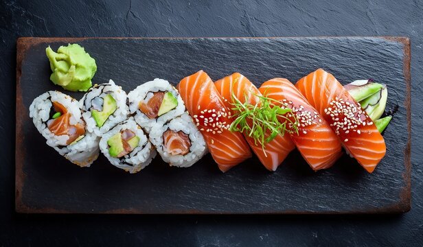 Elegant salmon and avocado maki rolls arranged on a dark slate plate, showcasing the refined artistry of Japanese cuisine for upscale restaurant menus