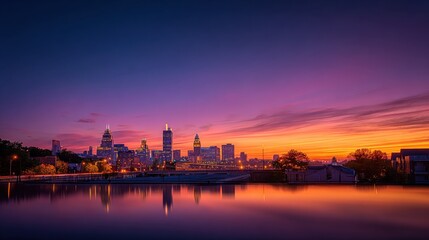 Vibrant city skyline at sunset with colorful clouds, reflecting on calm water, featu tall modern buildings and silhouetted trees