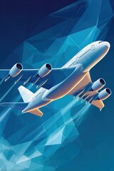 Naklejka premium Low-poly style illustration of a passenger airplane in flight over a blue sky