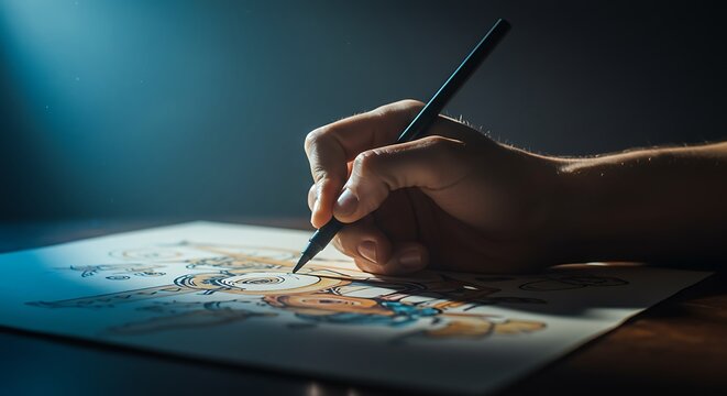 Hand Drawing Artistic Illustration on Paper in Dim Light