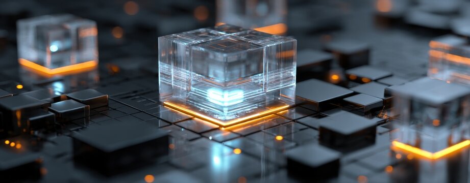 Futuristic Technology Concept with Transparent Glowing Cube on Dark Circuit Board with Orange Accents and High-Tech Digital Elements