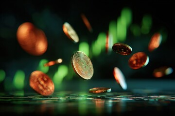 Close-up of falling shiny digital cryptocurrency coins including Bitcoin and Ethereum with green digital interface background representing blockchain technology