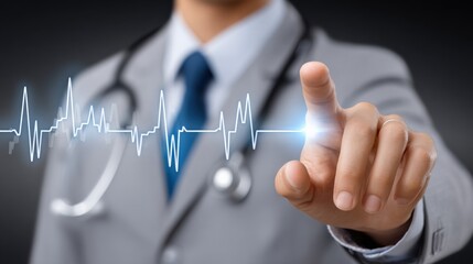 Medical Doctor Man Touching Futuristic Digital Heartbeat Graph with Finger in Clinic or Hospital Setting for Healthcare and Medical Technology Concept