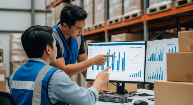 Two workers analyzing data in a warehouse using computer monitors