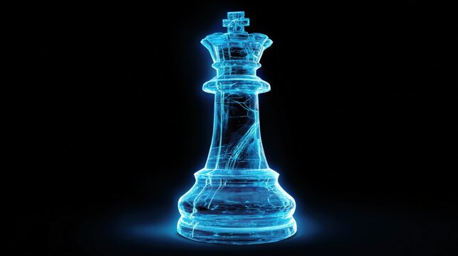 Futuristic glowing blue hologram of a detailed chess king piece on a dark background representing strategy and digital innovation