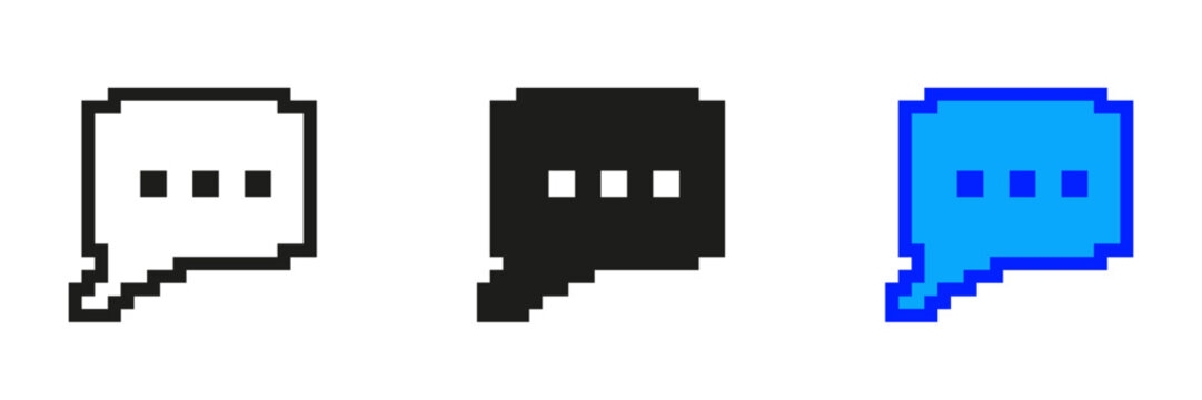 Retro Pixelated Speech Bubble Icon Set With Three Dots. Speech Bubble Pixel Art Icon. Symbol Of Dialogue, Communication, Conversation. Isolated Vector Illustration