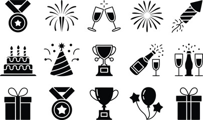 Festive Celebration Icons Featuring Party Elements and Awards