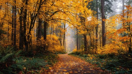 Obraz premium A path in an autumn forest. Trees turn golden yellow on both sides. The atmosphere is peaceful and shady.