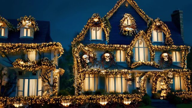 House is decorated with skulls and skeletons. house is lit up with lights and decorations are very spooky. houses were decorated in honor of Halloween. spiders with skull. concept