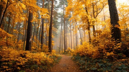 Fototapeta premium A path in an autumn forest. Trees turn golden yellow on both sides. The atmosphere is peaceful and shady.