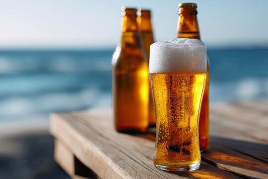 Golden beer in a glass bottles on wood with a sea backdrop - Powered by Adobe