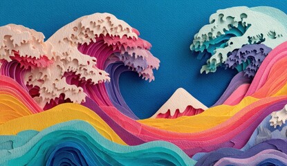 Colorful paper waves and mountains