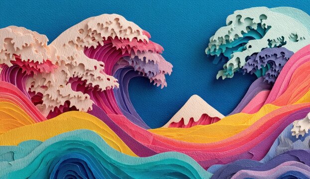 Colorful paper waves and mountains