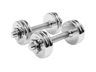 Two chrome-plated dumbbells, side-by-side, isolated on a black background.  They display a smooth, polished finish.  Each dumbbell has circular weights with a textured band in the middle