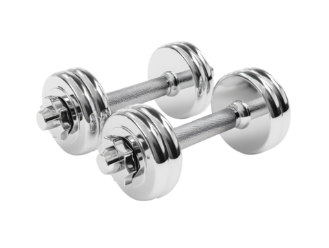 Two chrome-plated dumbbells, side-by-side, isolated on a black background.  They display a smooth, polished finish.  Each dumbbell has circular weights with a textured band in the middle